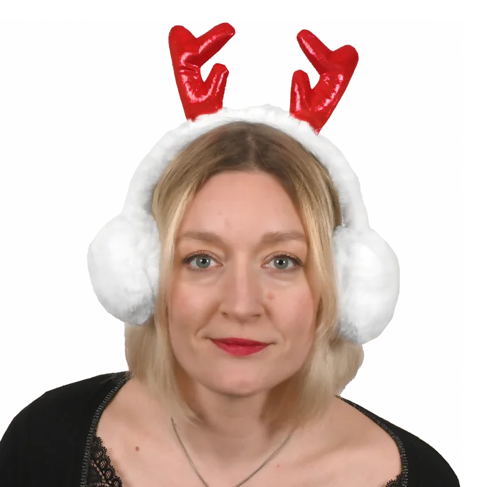 cache oreilles blanc avec cornes rouges (scol12) de la marque NOEL EN FOLIE. Réf. NDQ112.